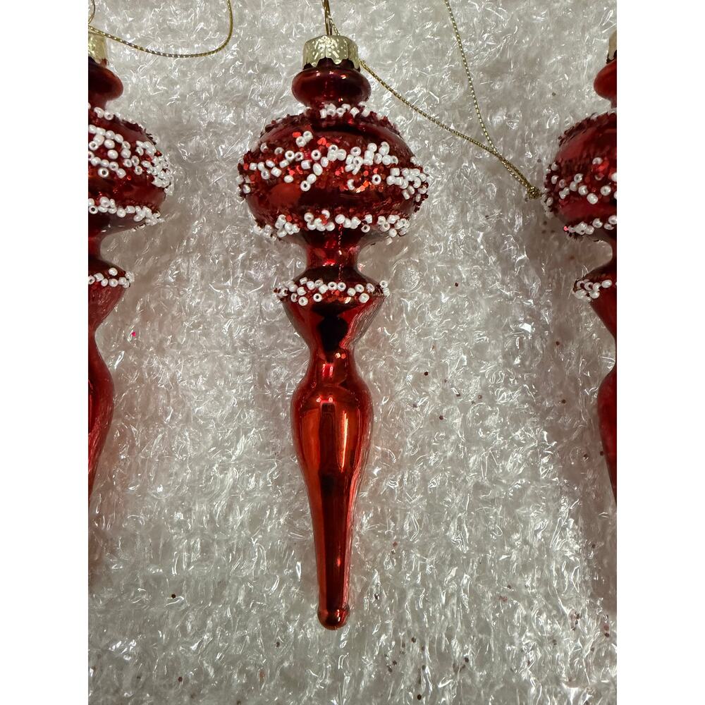 6 Red Glass Finial Christmas Ornaments Nordic Frost Beaded Tree Decor - Picture 4 of 8
